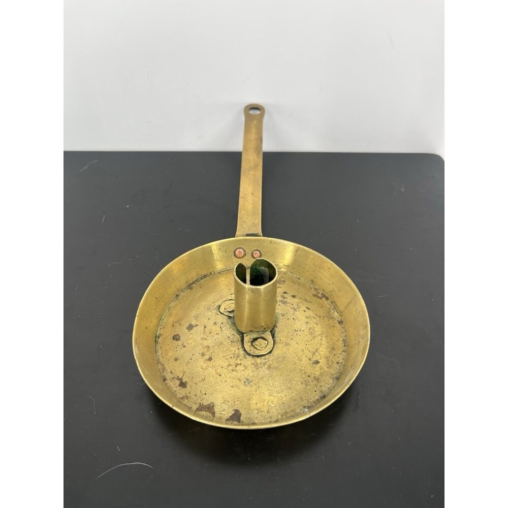 Antique Brass Chamberstick‎ Candle Holder Frying Pan Style